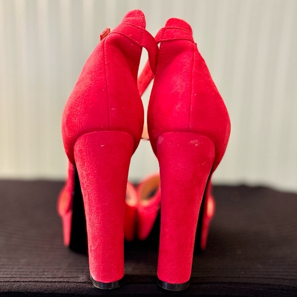 New Idifu Red Suede Sexy Chunky High Heel Shoes- Sz 10 - Picture 8 of 11